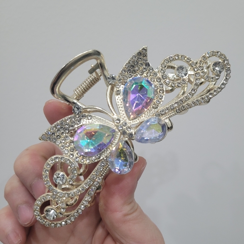 Brand New Gold Tone Rainbow Stone Butterfly Rhinestone Hair Claw Clip